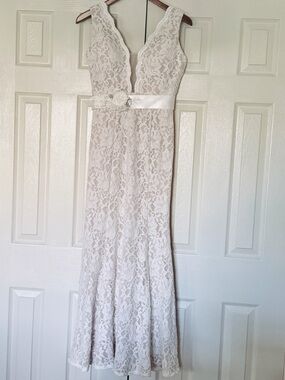 AB Studio Ivory Lace Formal Dress with Satin Waist Sash